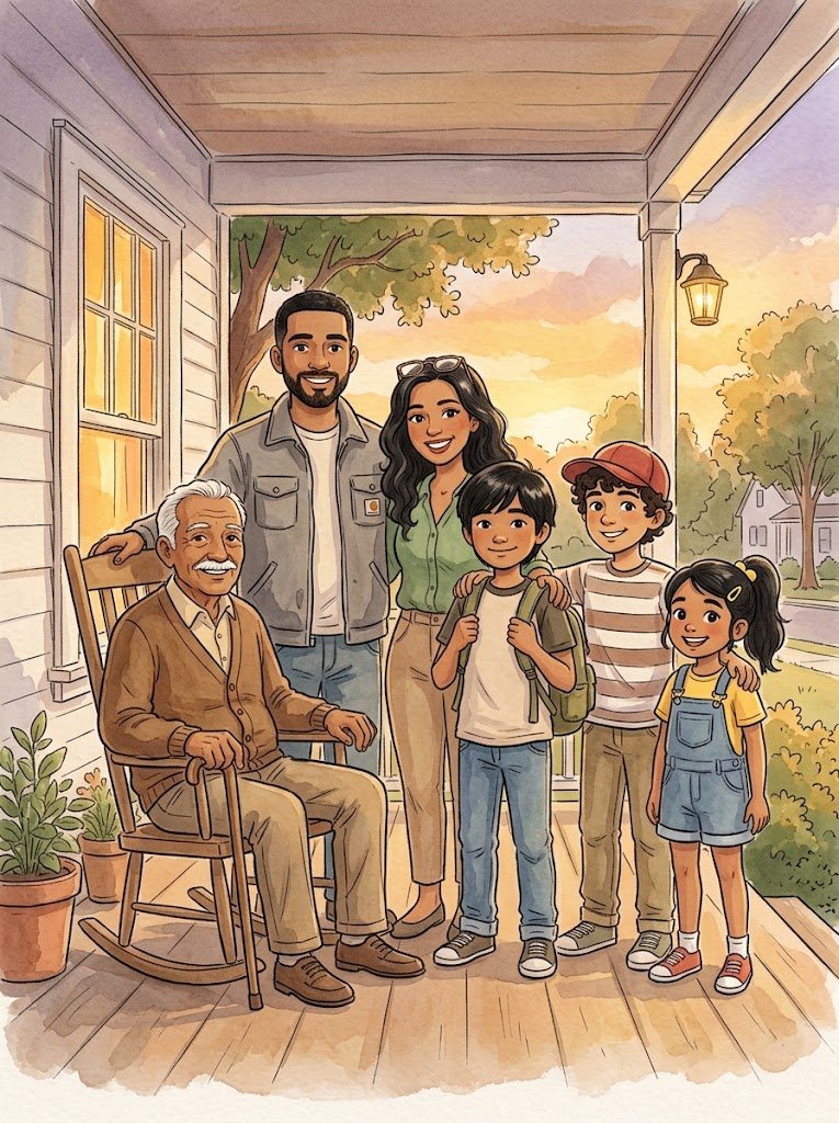 Grandpa, Dad, Mom, Sam, Jonah and Ruby on the front porch