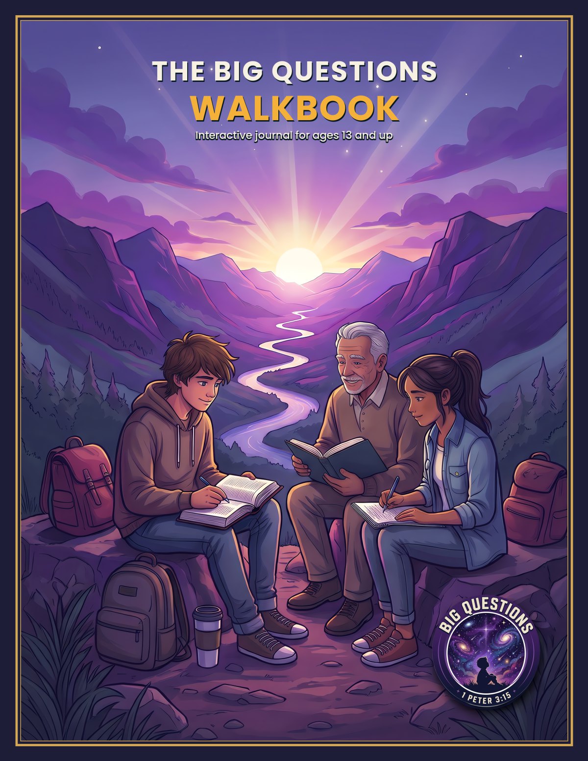 The Big Questions Walkbook: Grandpa, Sam and Ruby with their books on a mountainside