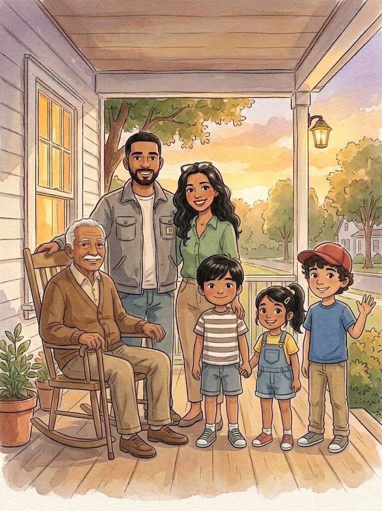 Sam and his little sister Ruby with their mom, dad and grandpa on the front porch