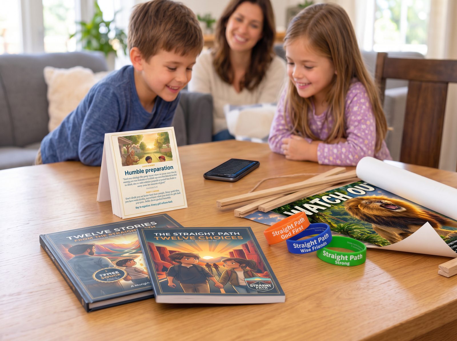 A mother and two children at the table with the Family Kit: both books, a Table Talk card, wristbands and a poster
