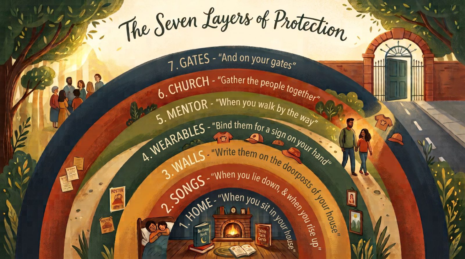 The Seven Layers of Protection: Home, Songs, Walls, Wearables, Mentor, Church and Gates, as rings around a child at home